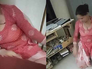 Watch as a maid flaunts her cleavage while cleaning